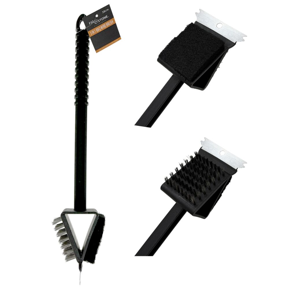 3-in-1 Double-Sided BBQ Grill Cleaning Brush – 38cm Heavy-Duty Wire Bristles &amp; Scraper