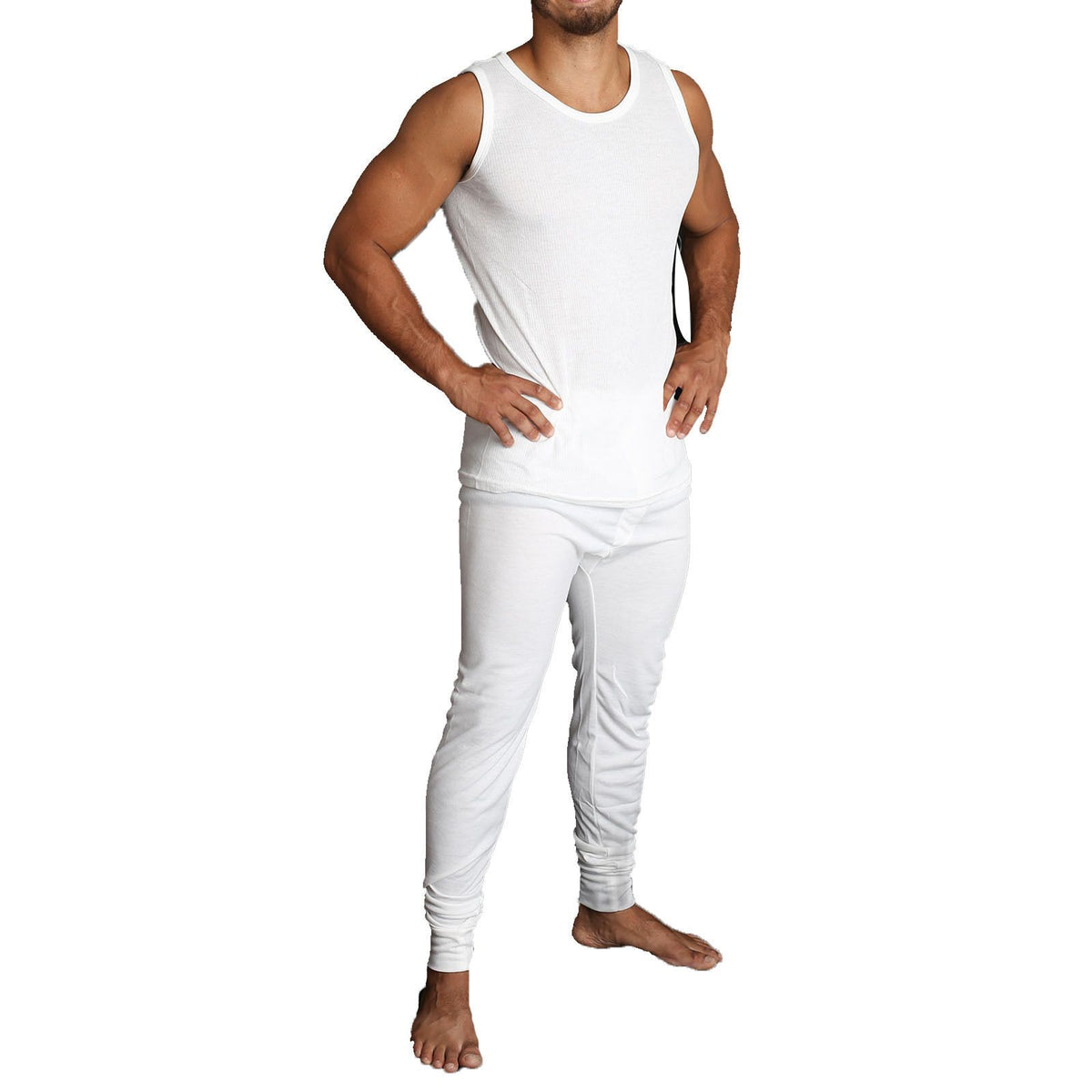 2pcs Set Mens Merino Wool Blend Thermal Singlet Top &amp; Pants Underwear Thermals - Beige