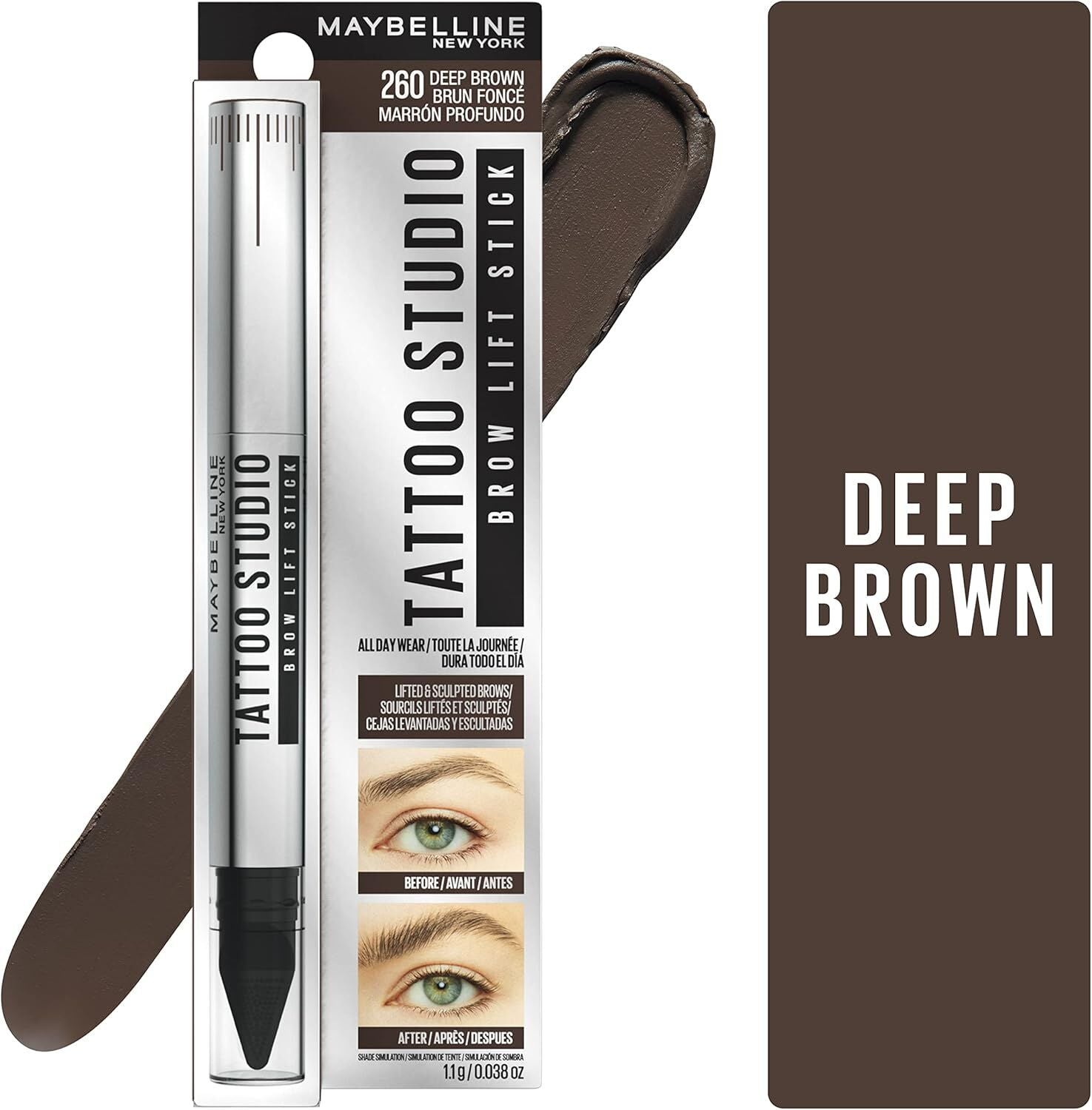 2x Maybelline Tattoo Studio Eyebrow Lift Stick Colour in 260 Deep Brown