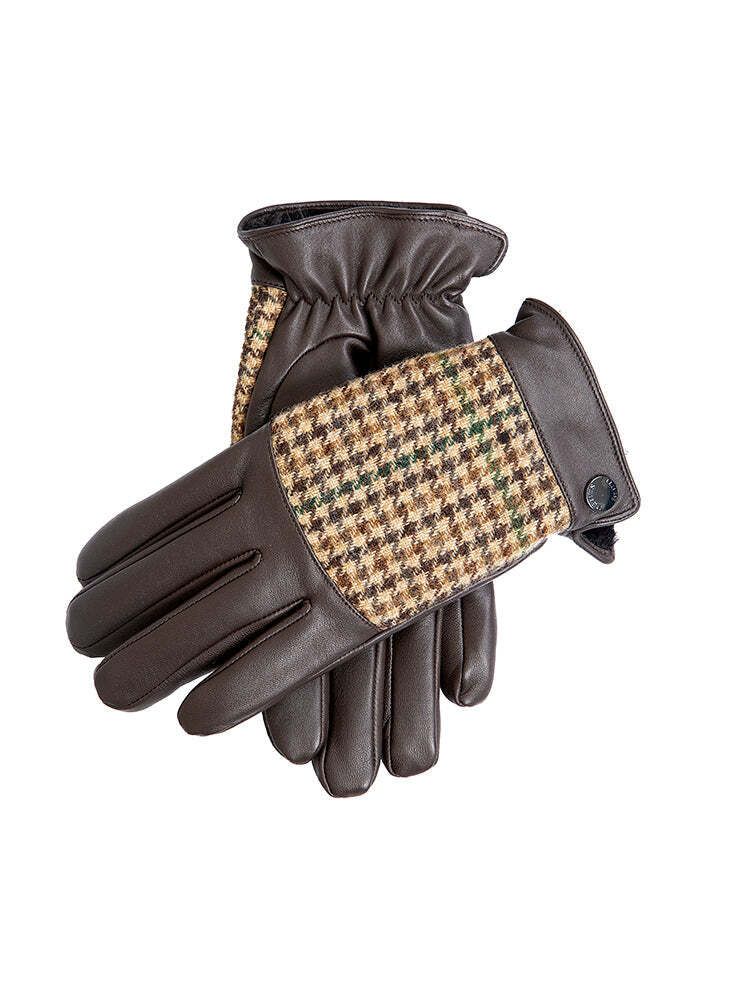 Dents Mens Faux Fur Lined Abraham Moon Dogtooth &amp; Leather Gloves - Brown