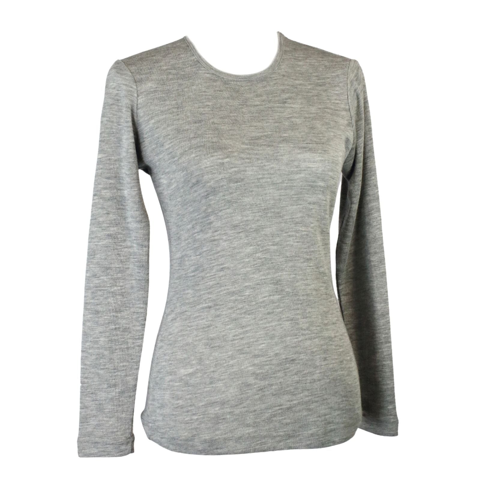 Ladies Soft Pure Wool Knit Long Sleeve Top Womens T Shirt Winter Base Layer - Made in Australia - Grey Marle