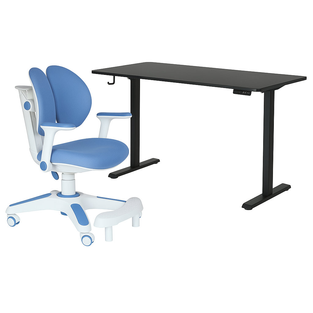 Ergonomic Kids Study Chair &amp; Adjustable Electric Standing Desk Set – Blue Chair &amp; Black Desk