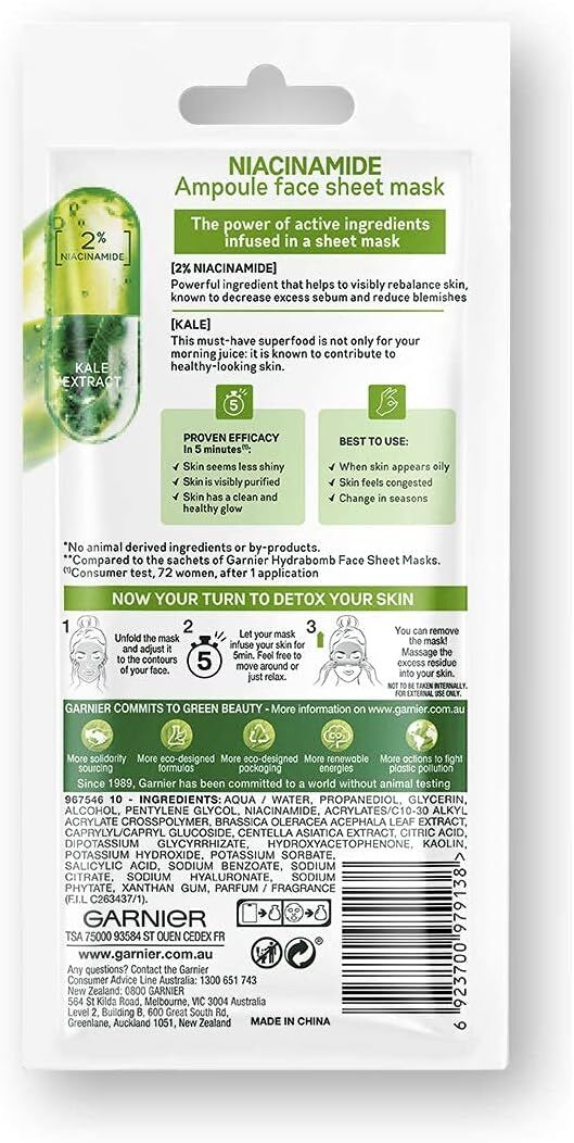 Garnier 15g Skin Active Ampoule Sheet Mask Kale/ Niacinamide