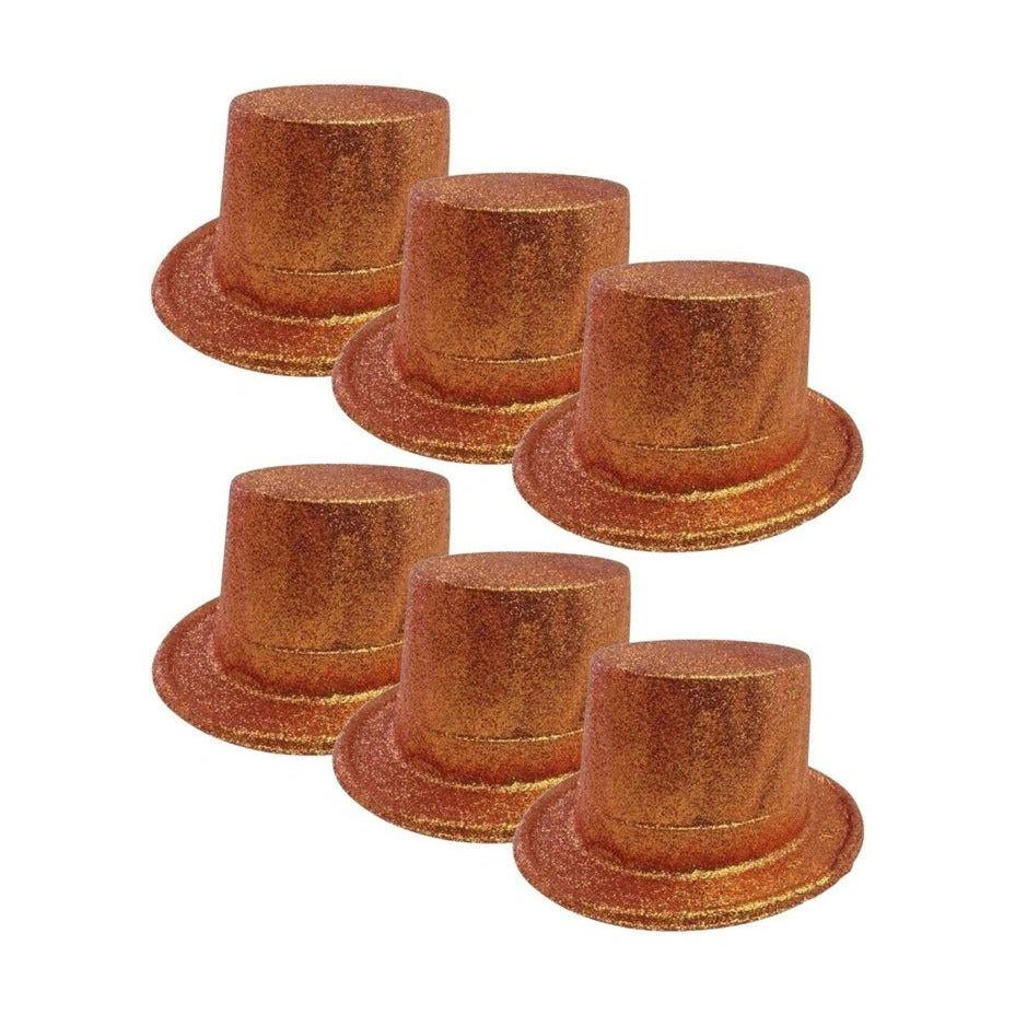 6x GLITTER TOP HAT Fancy Party Plastic Costume Tall Cap Fun Dress Up BULK - Orange - One Size