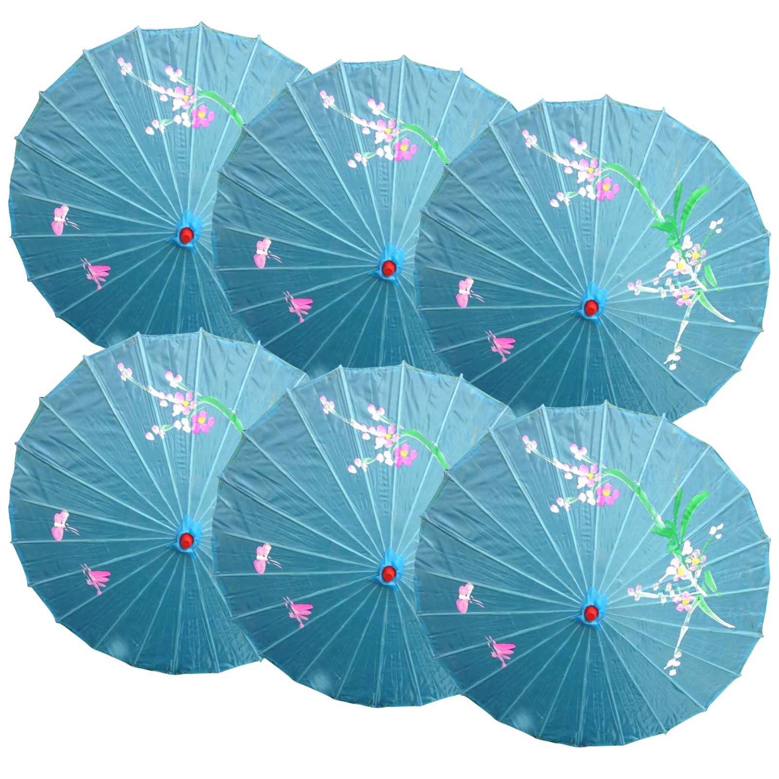 6x PARASOL UMBRELLA Chinese Japanese Bamboo Flower Pattern 80cm Large BULK - Sky Blue