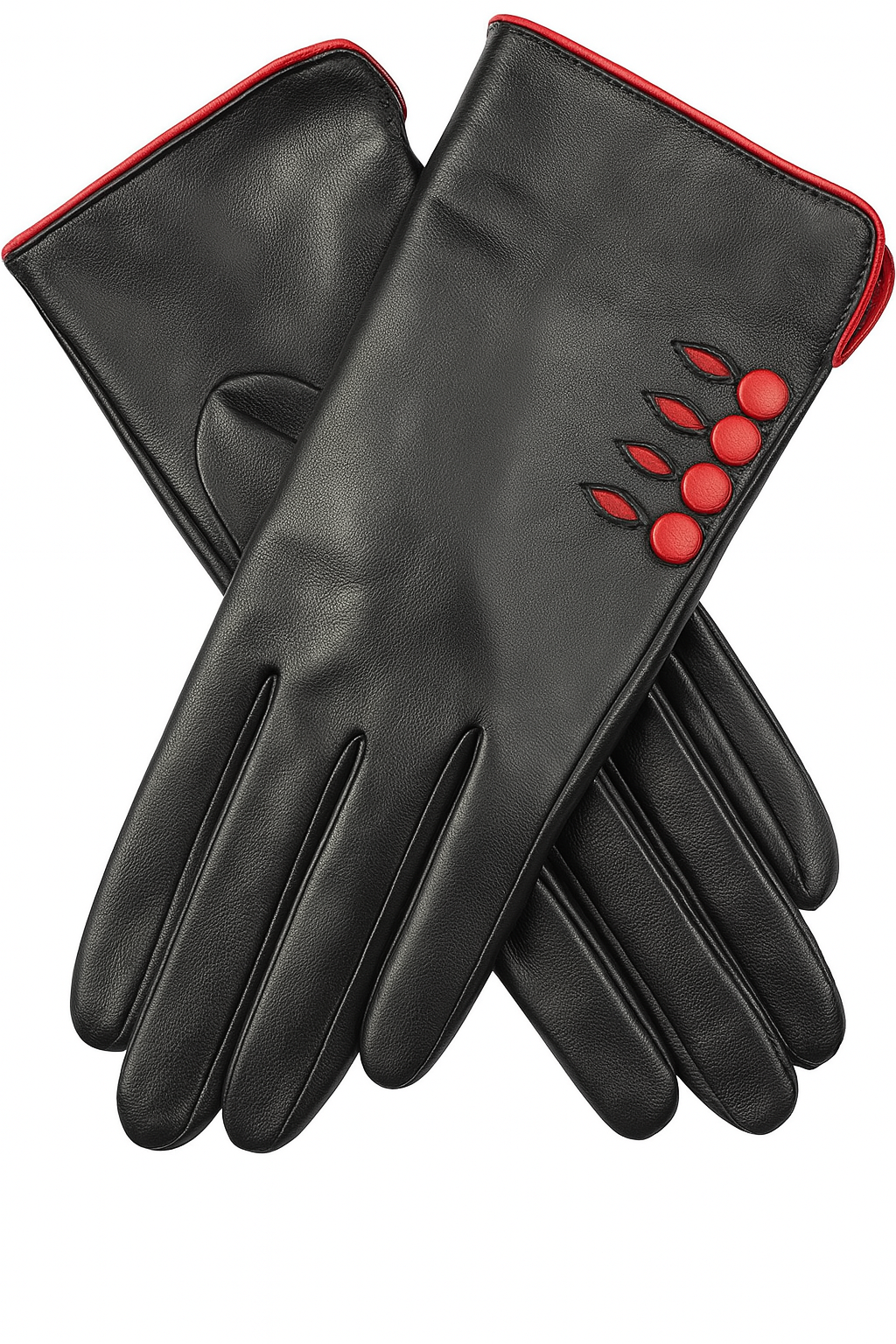 Dents Womens Leather Gloves w/ Button Detail Piped Cuff & Silk Feel Lining - Black/Berry - Large