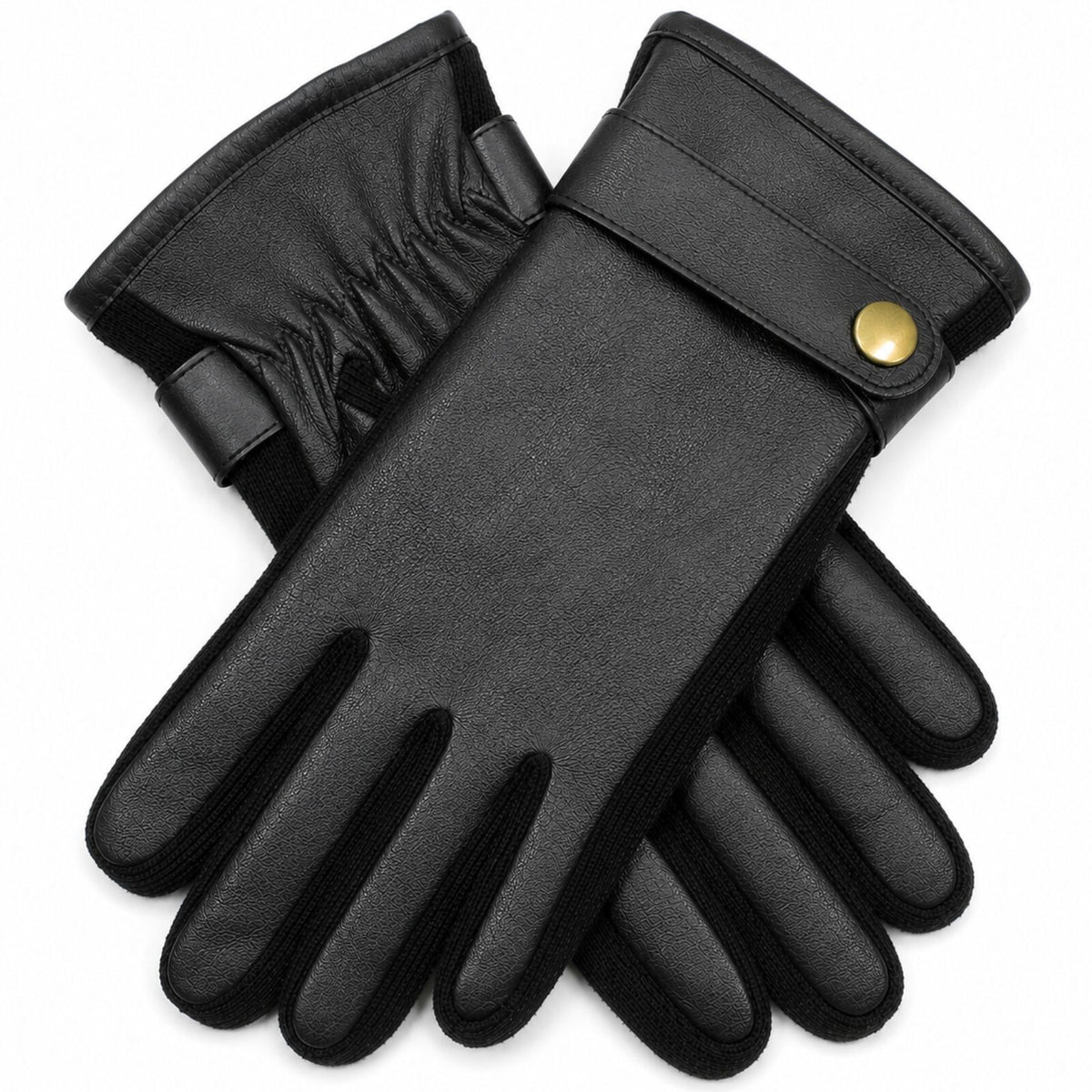 Mens Premium Kangaroo Leather Gloves Strap Stud Fastening Winter Warm - Black