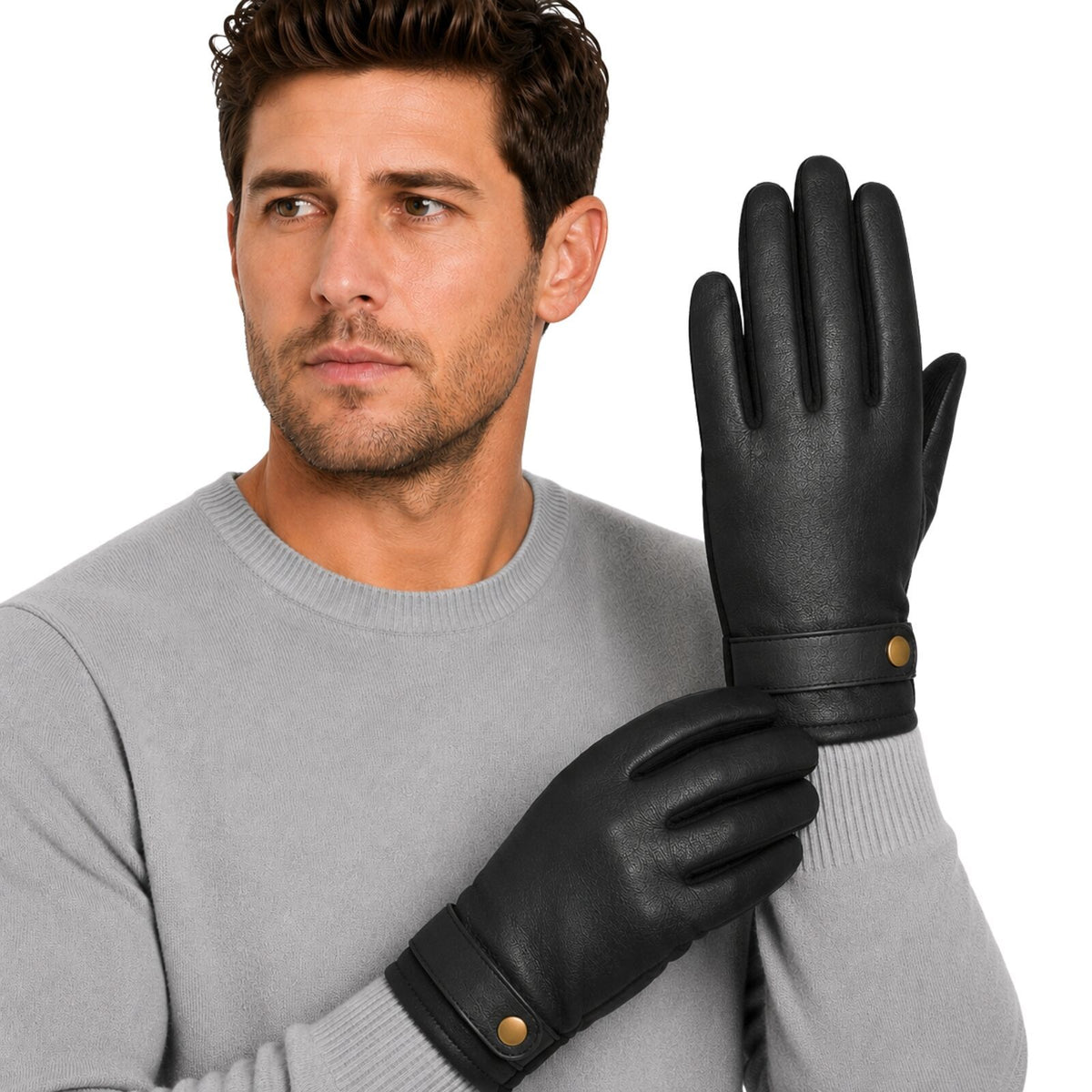 Mens Premium Kangaroo Leather Gloves Strap Stud Fastening Winter Warm - Black
