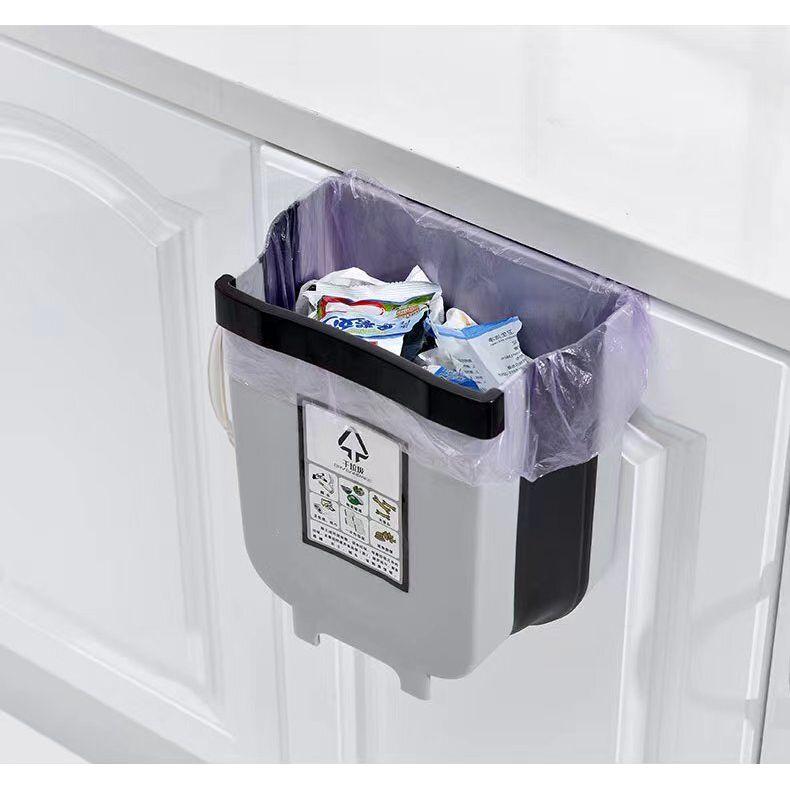 9L Kitchen Wall Mounted Foldable Waste Bin Hanging Trash Can Collapsible - Brown