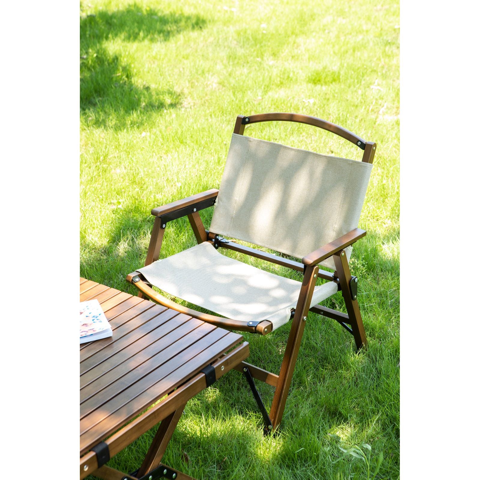 2x Bamboo Foldable Outdoor Camping Chair Wooden Travel Picnic Park Folding - Khaki/Beige