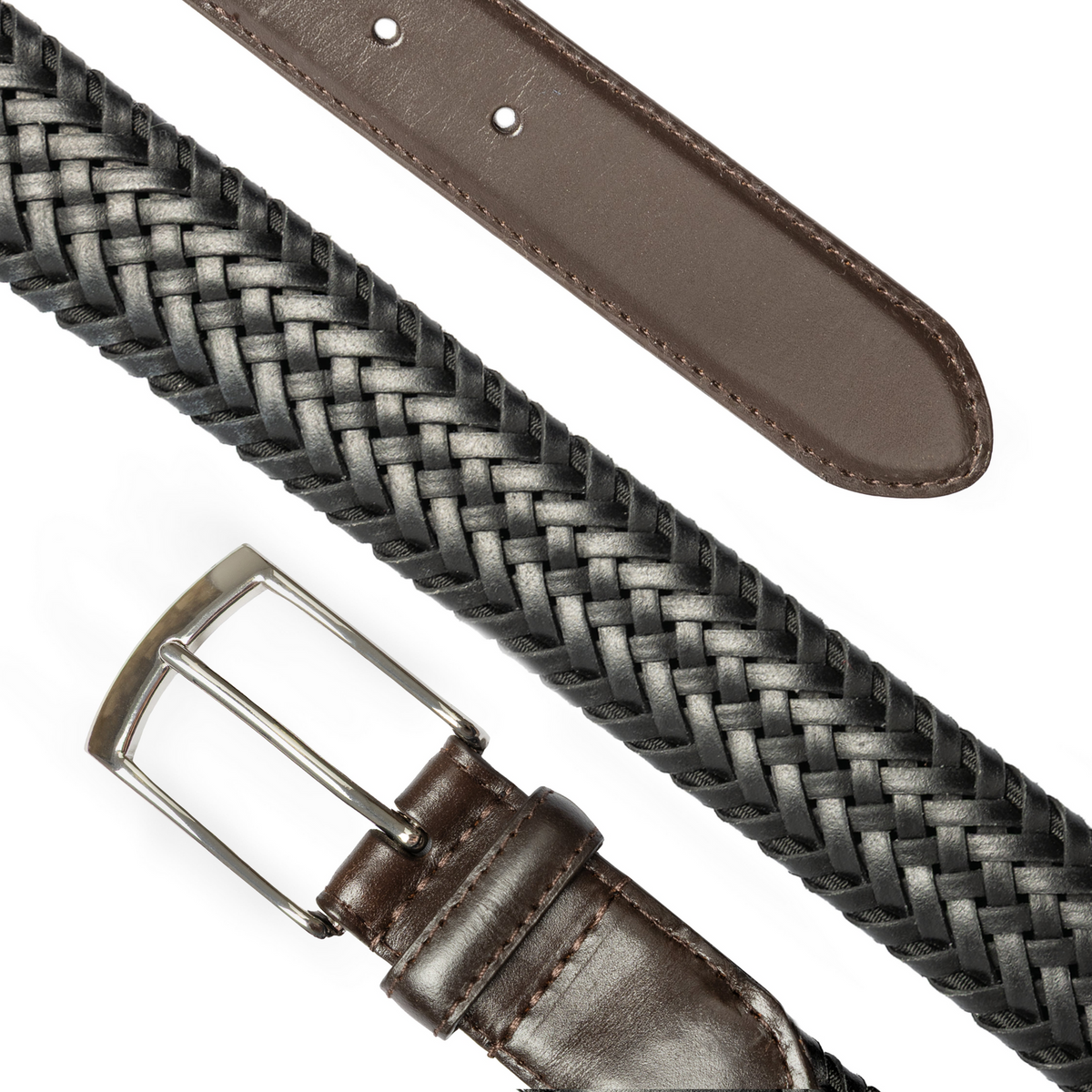 Dents Mens Stretch Plaited Leather Belt - Black/Brown