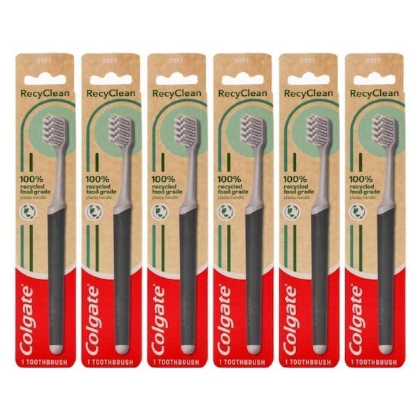 6x Colgate Toothbrush 100% Recycled Food Grade Plastic Handle Soft Bristles