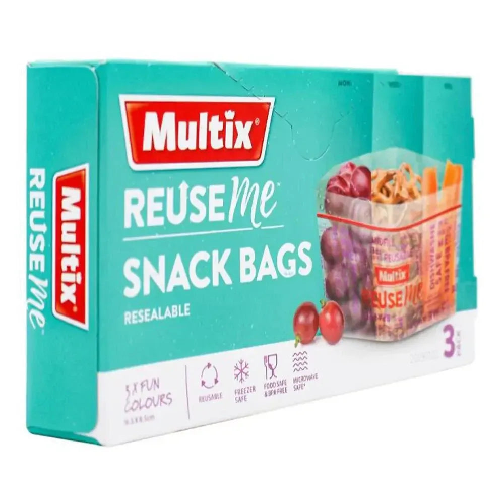 Multix Reuse Me Snack Bags 3 Pk Resealable BPA Free Microwave Safe - 16.5x8.5cm