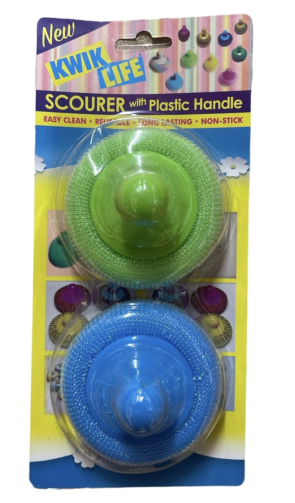 1 Pack of 2 Kwik Life Scourer with Plastic Handle Cleaning Dishes Pots &amp; Pans