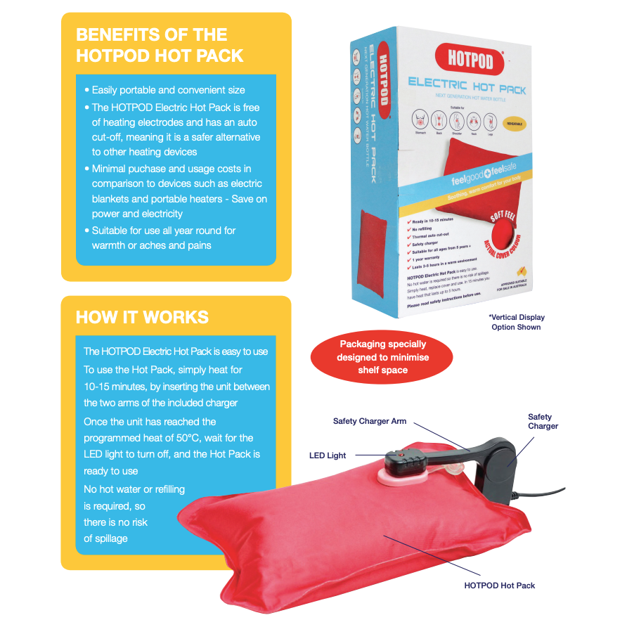 HOTPOD Electric Hot Pack Water Bottle Reheat-able Pillow Pad Sleep Aid - Safety Approved