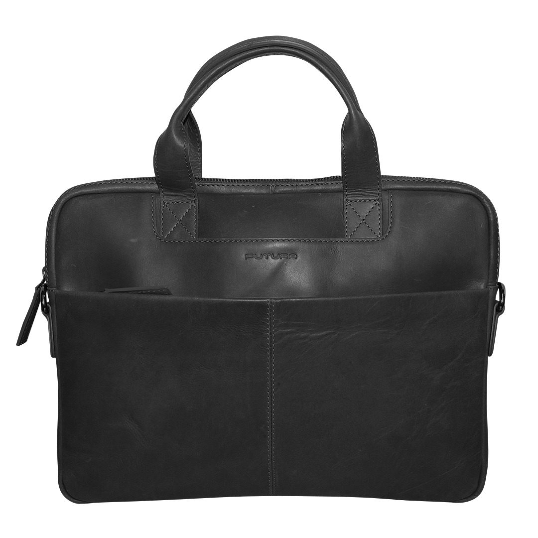 Futura Mens Slimline Leather Laptop Bag School Work Satchel Shoulder Strap - Black