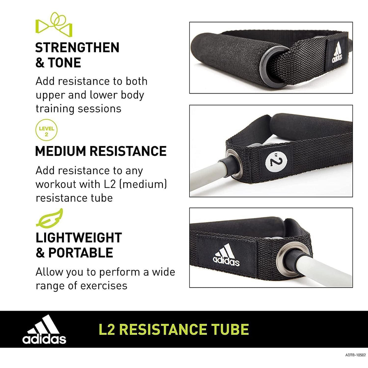 Adidas Resistance Tube Level 2 Band Elastic Yoga Fitness Gym Strap - Grey/Black