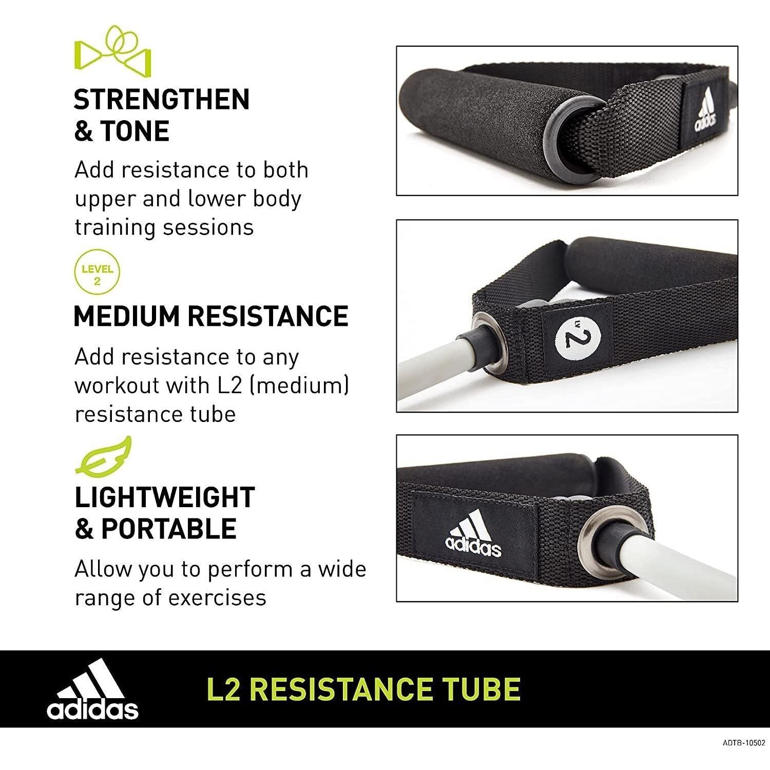 Adidas Resistance Tube Level 2 Band Elastic Yoga Fitness Gym Strap - Grey/Black