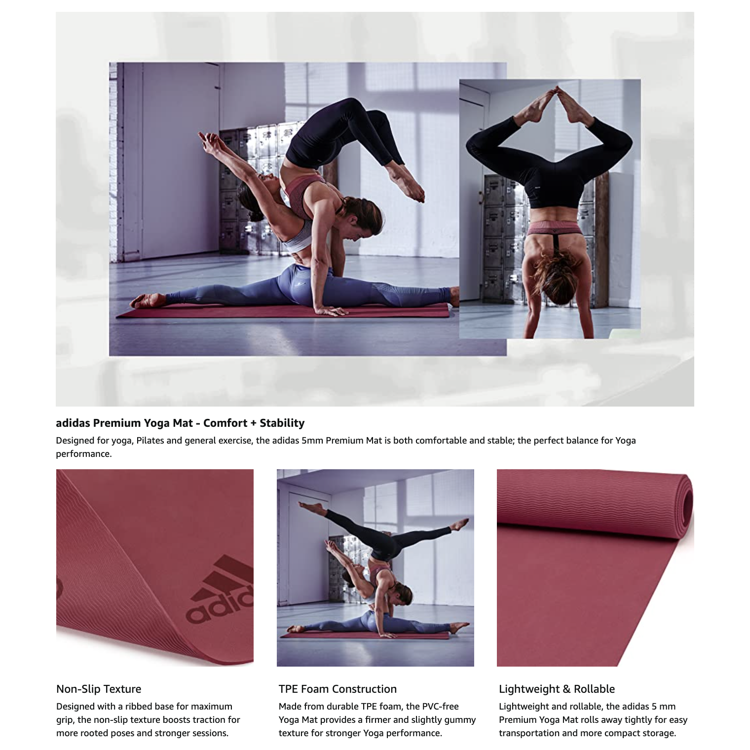 Adidas Premium Yoga Mat 5mm Exercise Training Floor Gym Fitness Pilates - Mystery Ruby