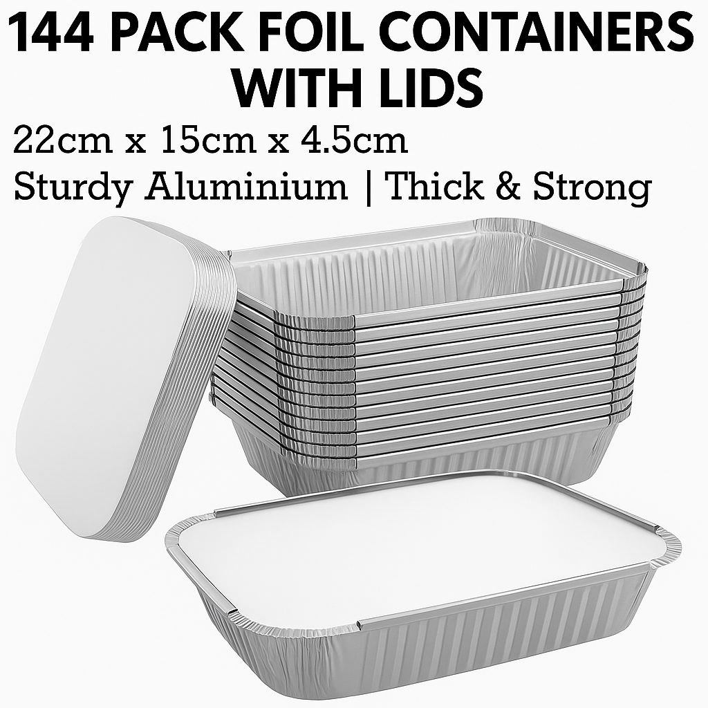 144x Aluminium Disposable Foil Food Container Trays Pans w/ Lids Covers Bulk 22cm*15cm*4.5cm