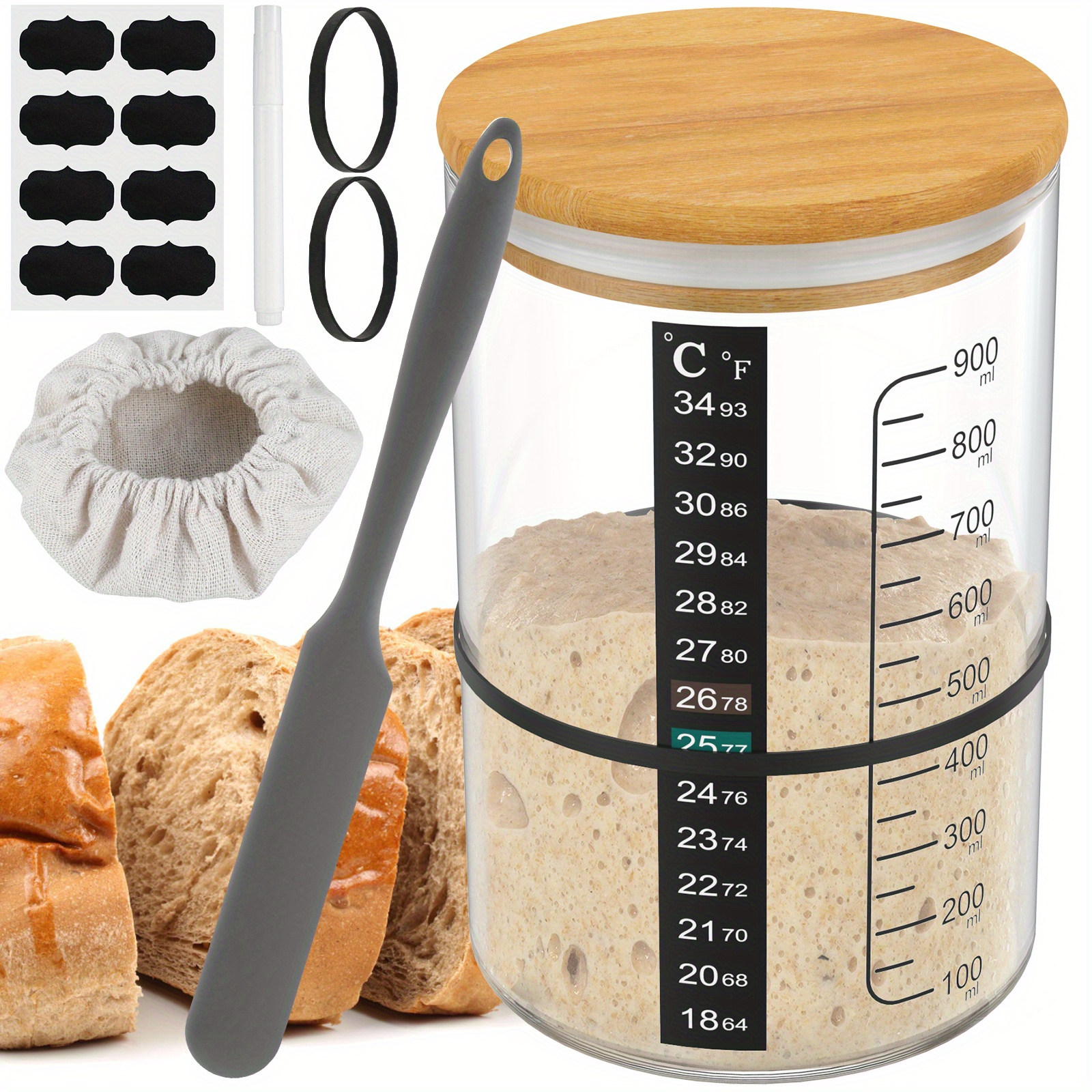 900ml Sourdough Bread Starter Jar Kit Wide Mouth Glass Fermentation Container