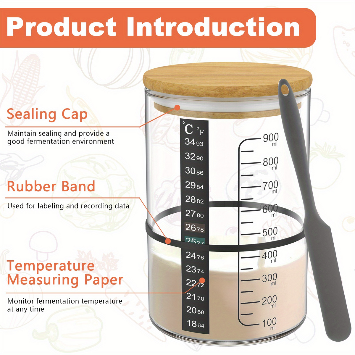 900ml Sourdough Bread Starter Jar Kit Wide Mouth Glass Fermentation Container