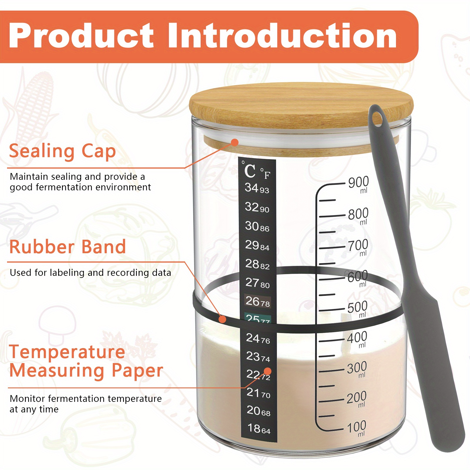 900ml Sourdough Bread Starter Jar Kit Wide Mouth Glass Fermentation Container
