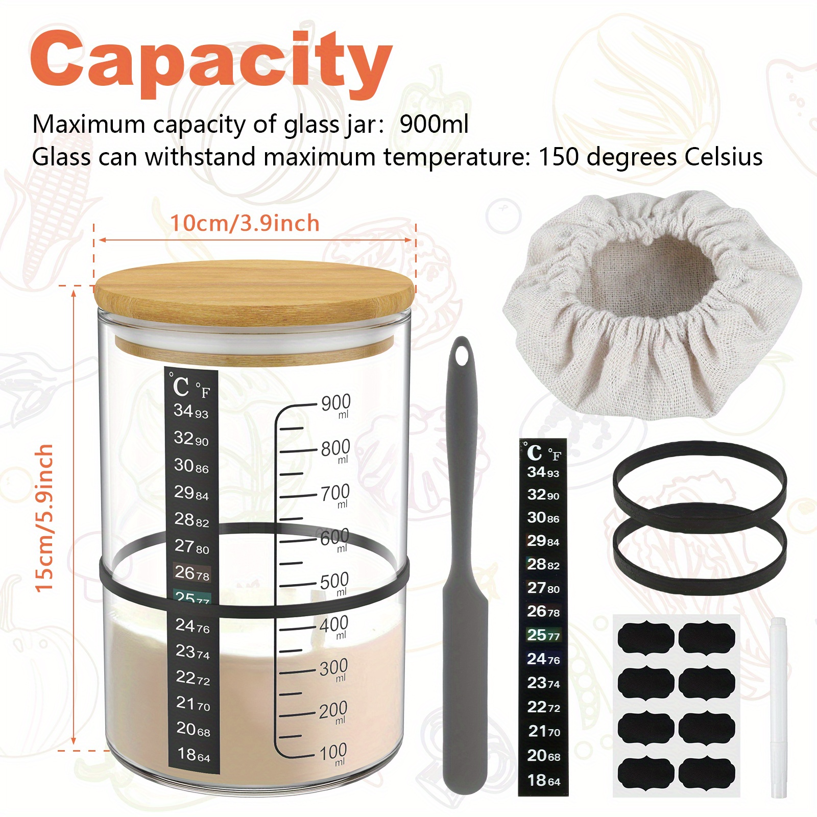 900ml Sourdough Bread Starter Jar Kit Wide Mouth Glass Fermentation Container