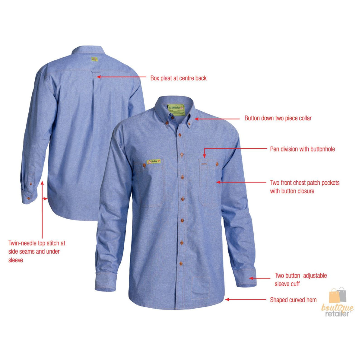 BISLEY Insect Protection Repellent Long Sleeve Casual Shirt Fishing Camping - Blue - S