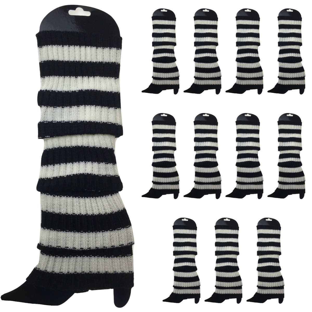 12x LEG WARMERS Knitted Womens Costume Neon Dance Party Knit 80s BULK - Black/White Stripe