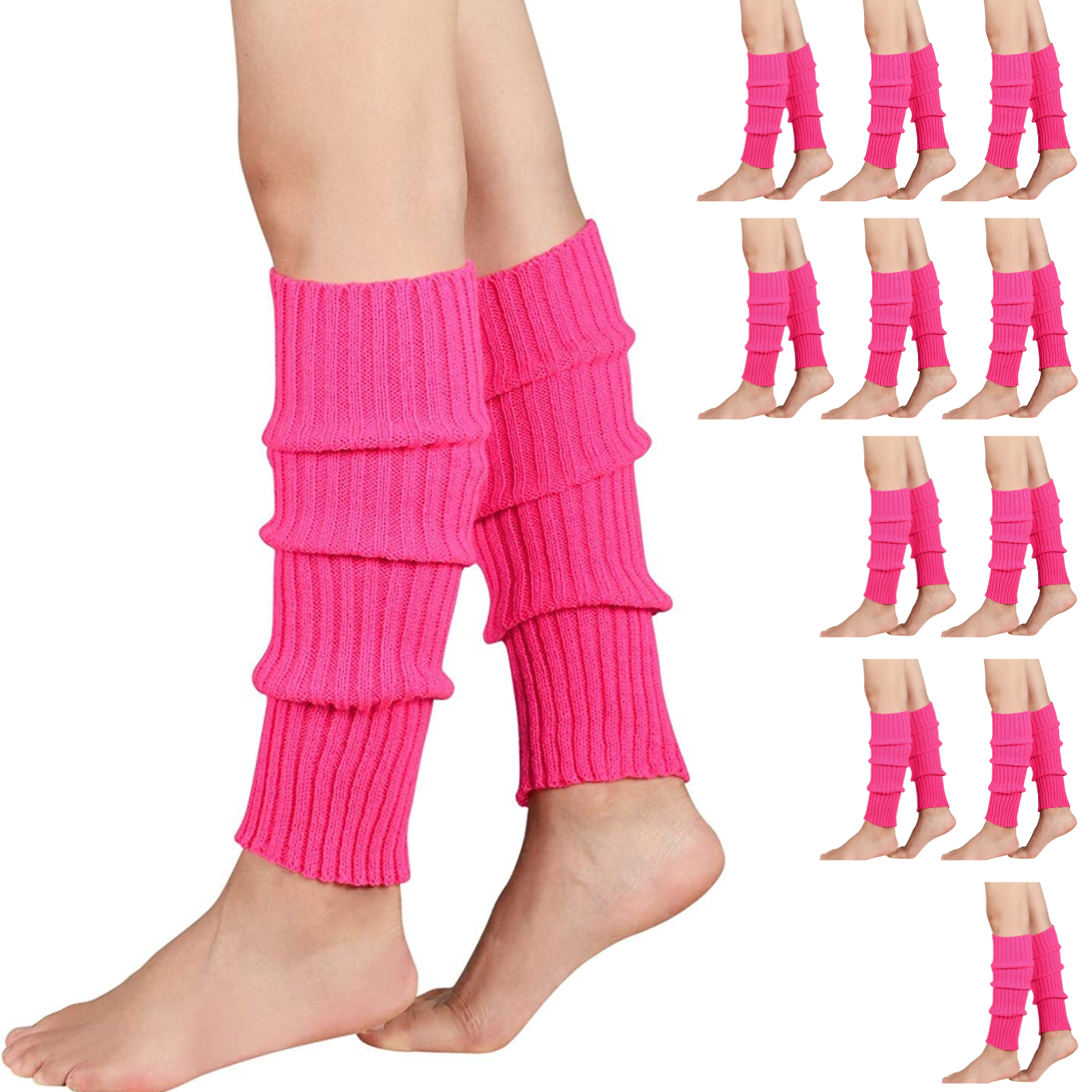 12x LEG WARMERS Knitted Womens Costume Neon Dance Party Knit 80s BULK - Hot Pink