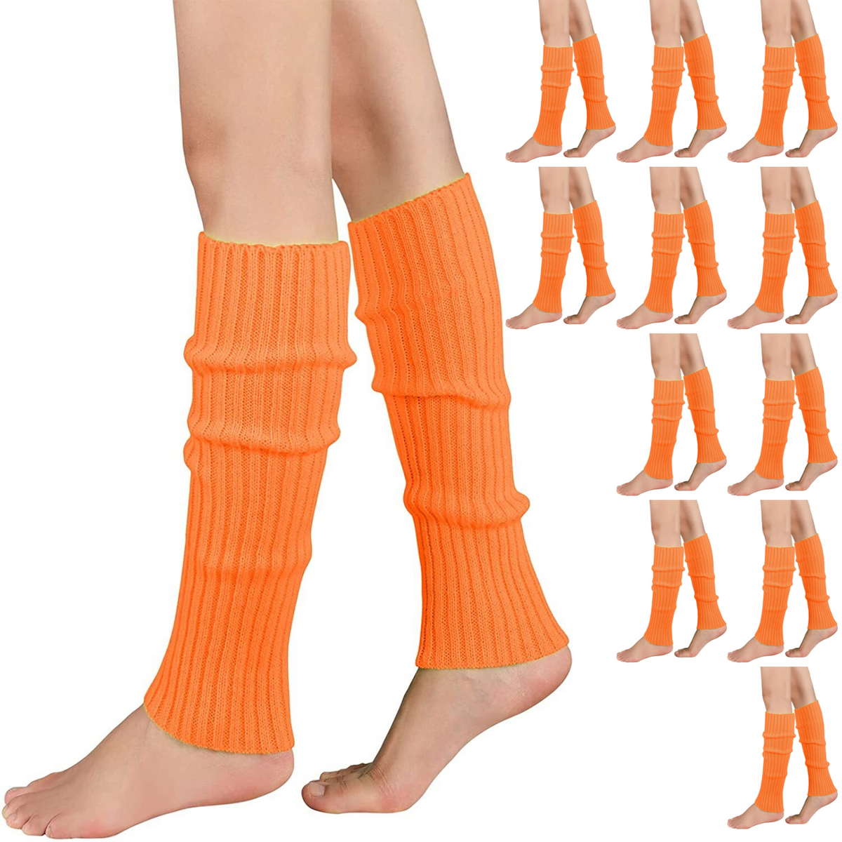 12x LEG WARMERS Knitted Womens Costume Neon Dance Party Knit 80s BULK - Orange