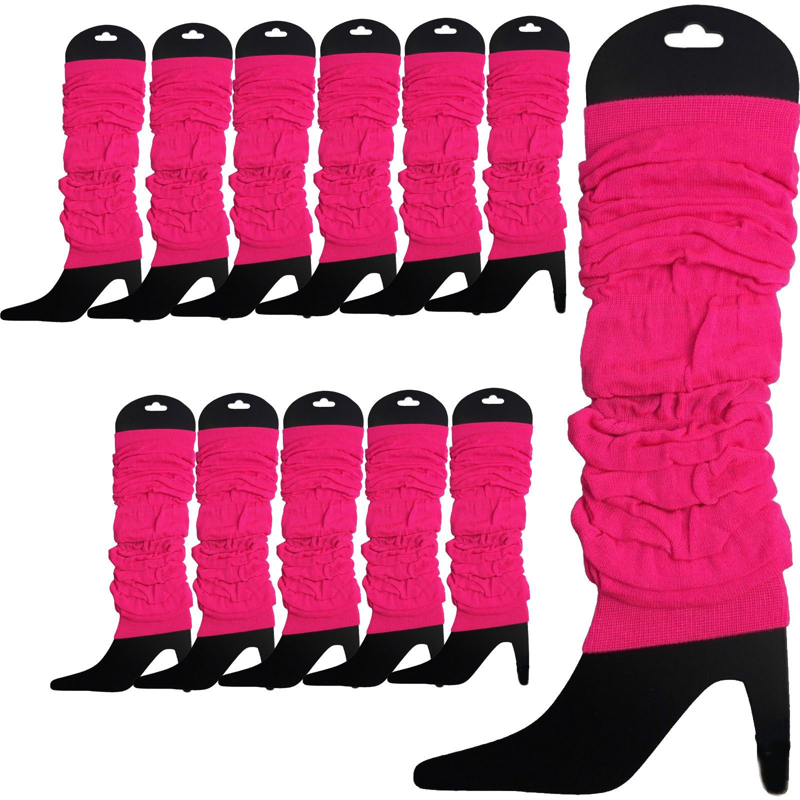 12 LEG WARMERS Knitted Womens Neon Party Knit Ankle Fluro Dance Costume 80s BULK - Fluro Hot Pink