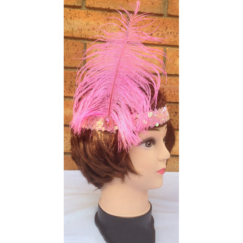3x 1920s FLAPPER HEADBAND Headpiece Feather Sequin Charleston Costume Gatsby - Light Pink