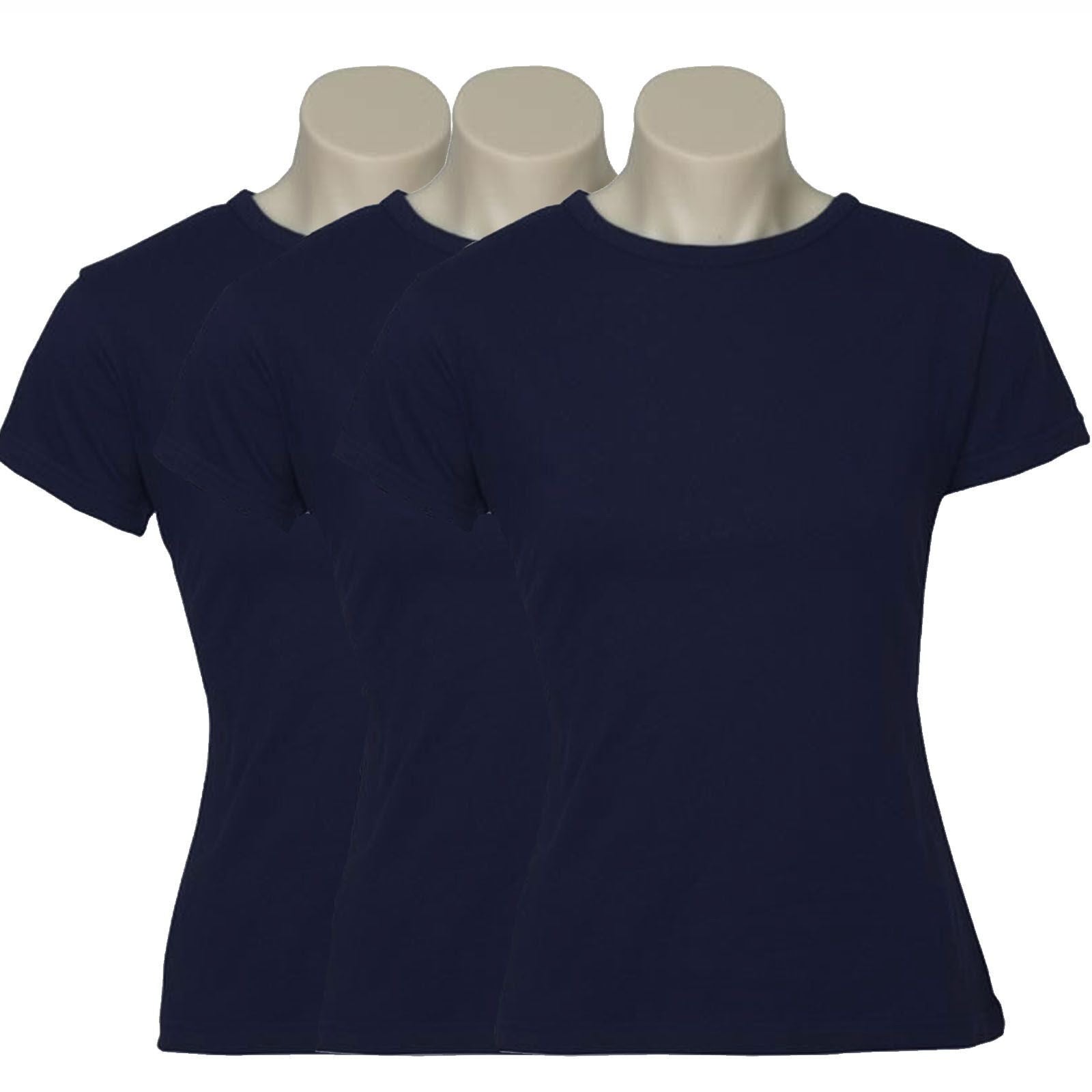 3x Womens 100% Cotton T-Shirt Plain Basic Tee Casual Top in Navy Blue