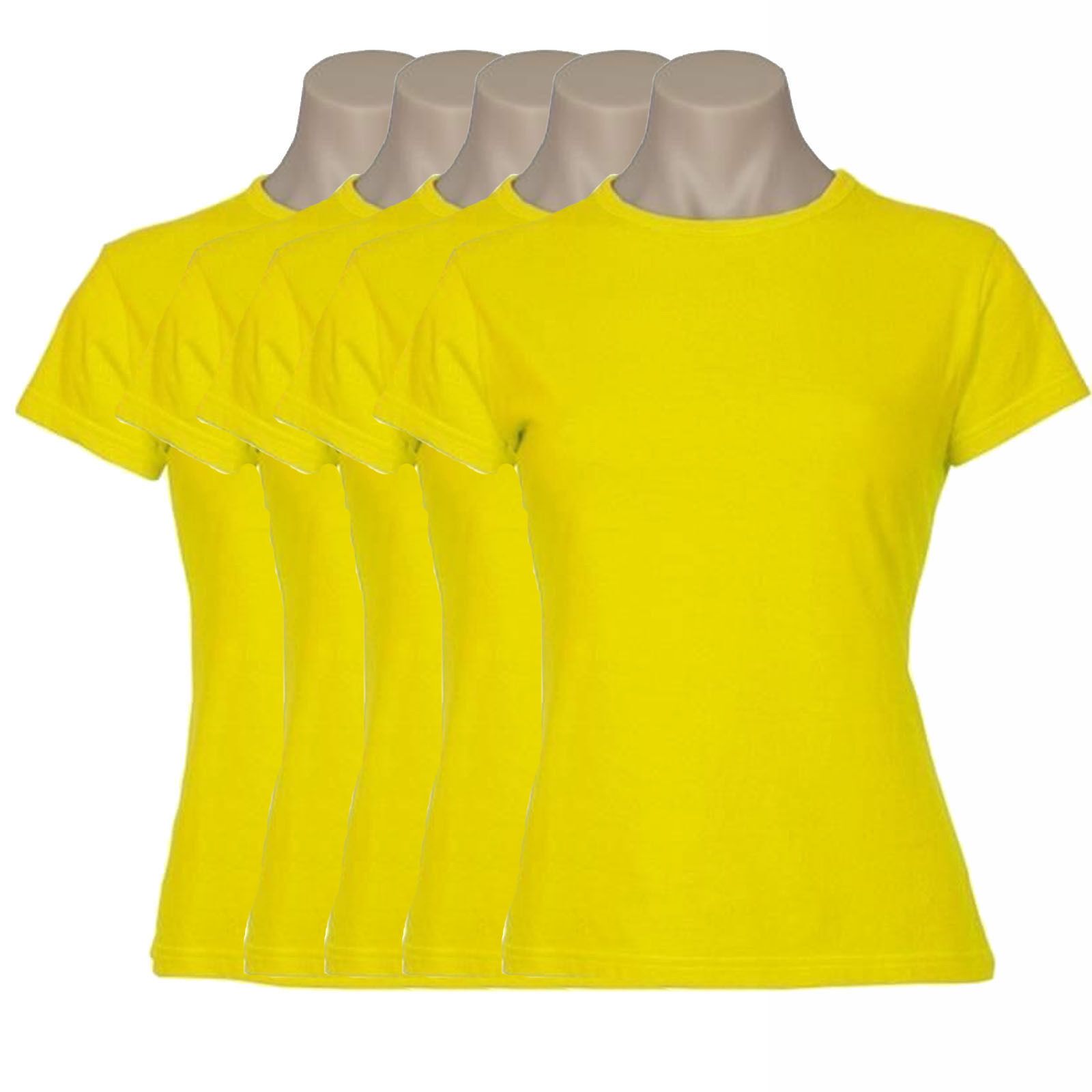 5x Womens 100% Cotton T-Shirt Plain Basic Tee Casual Top in Yellow