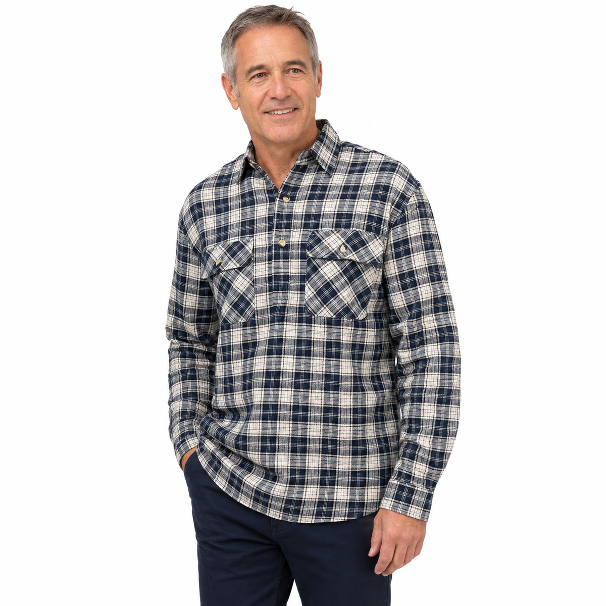 Mens Flannelette Long Sleeve Pullover Shirt 100% Cotton Flannel - Half Placket - Navy/Beige Check