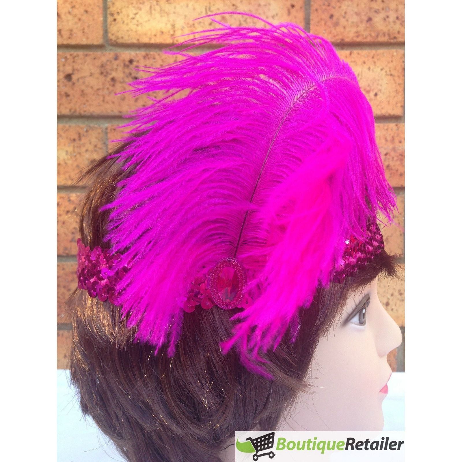 1920s FLAPPER HEADBAND Headpiece Feather Sequin Charleston Costume Gatsby Dance - Hot Pink