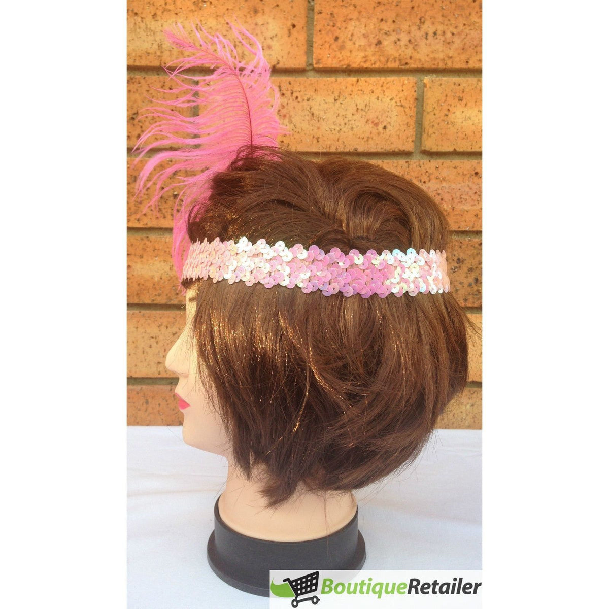 1920s FLAPPER HEADBAND Headpiece Feather Sequin Charleston Costume Gatsby Dance - Light Pink
