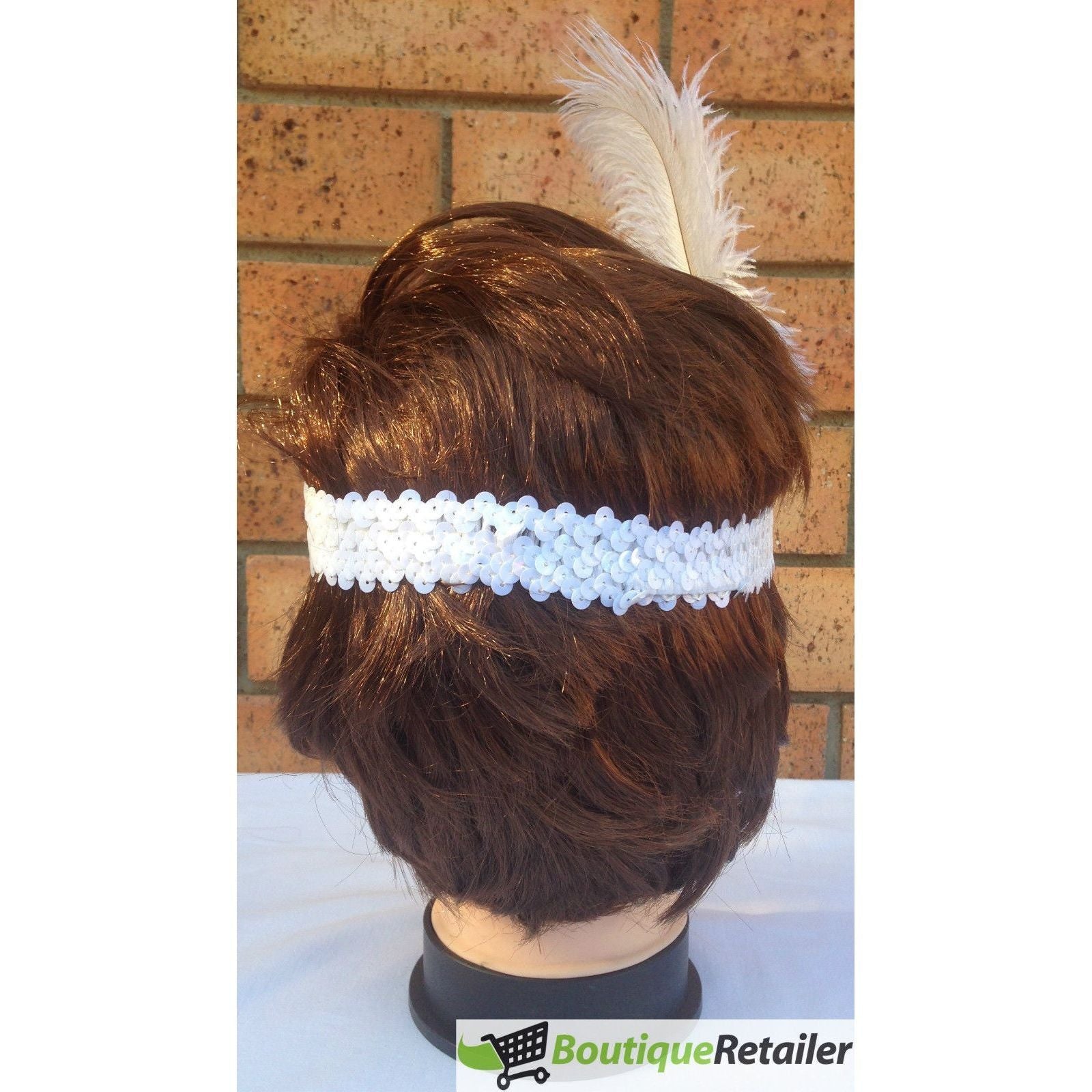 1920s FLAPPER HEADBAND Headpiece Feather Sequin Charleston Costume Gatsby Dance - White