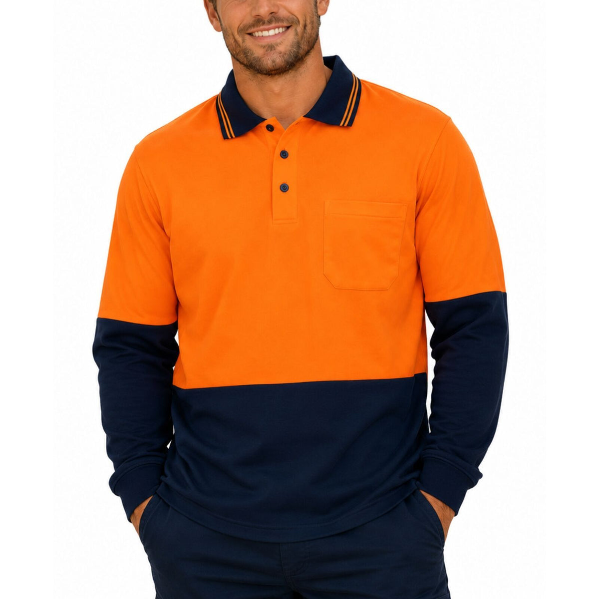 Hi Vis Long Sleeve Polo Shirt Safety Workwear Fluro Breathable UPF 50+ - Orange