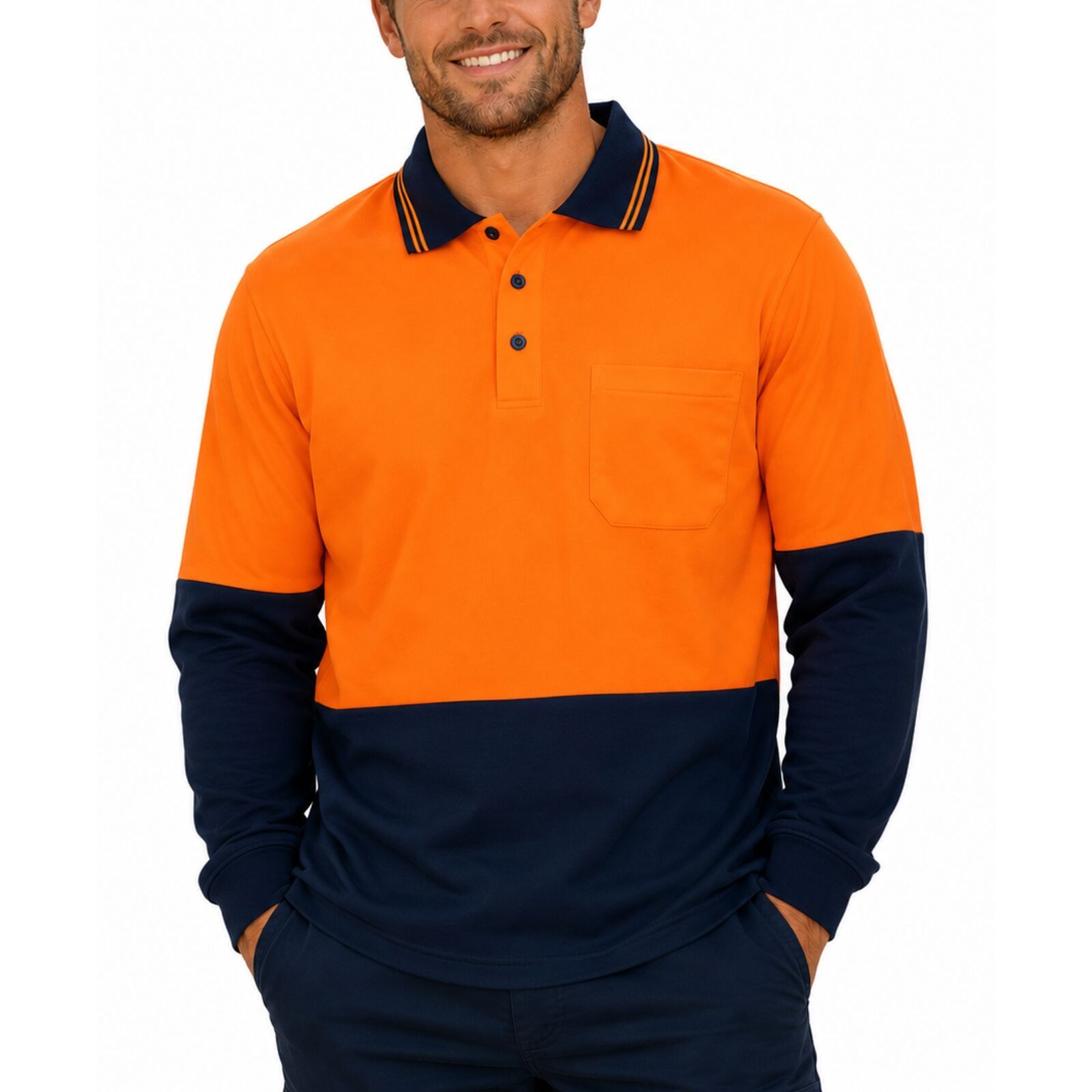 Hi Vis Long Sleeve Polo Shirt Safety Workwear Fluro Breathable UPF 50+ - Orange