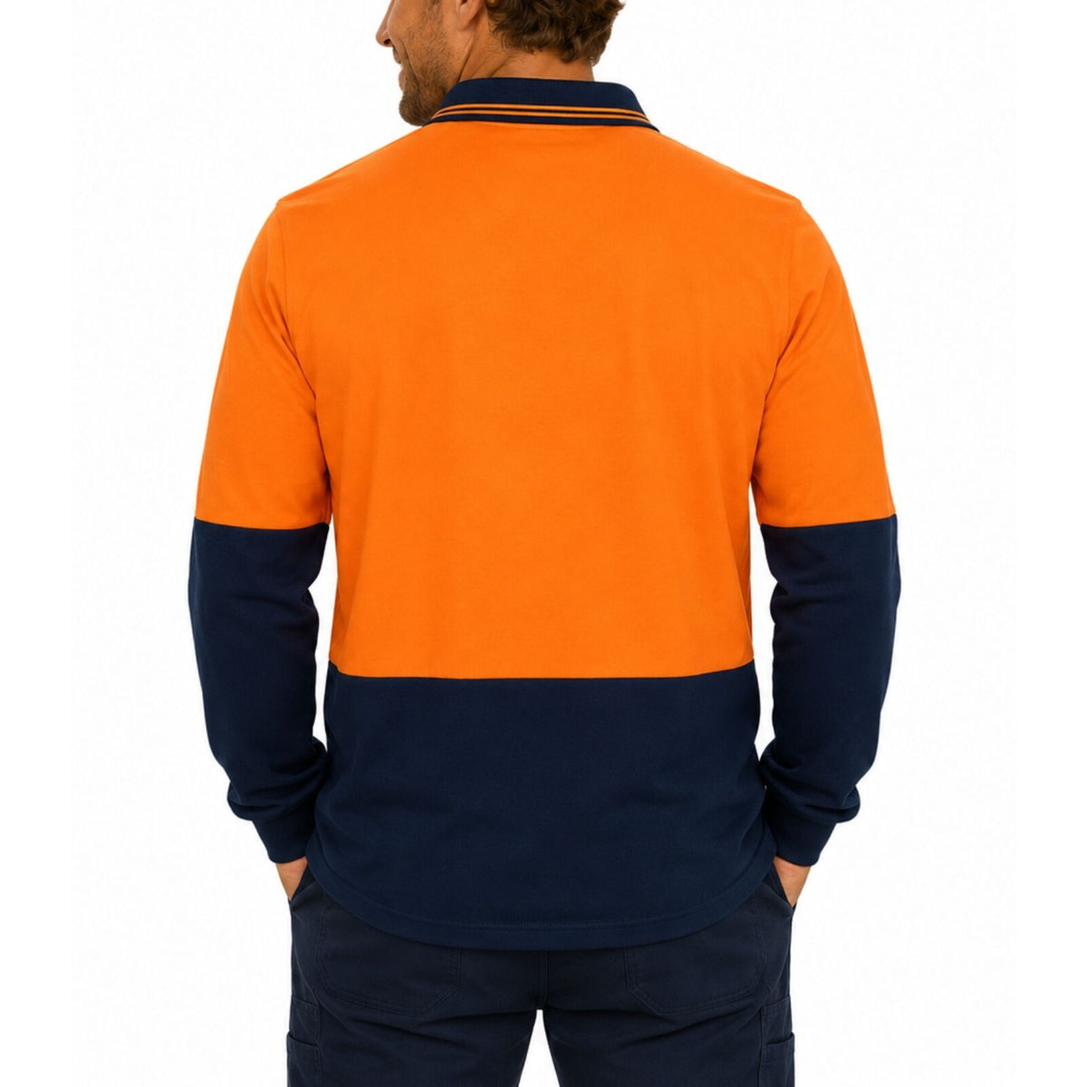 Hi Vis Long Sleeve Polo Shirt Safety Workwear Fluro Breathable UPF 50+ - Orange