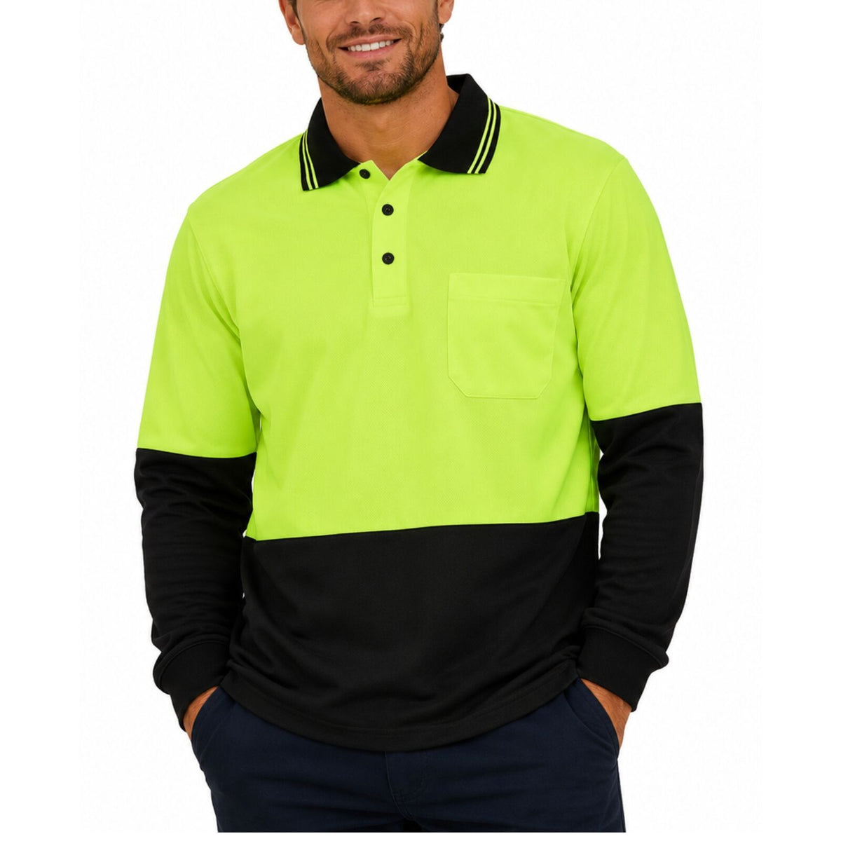 Hi Vis Long Sleeve Polo Shirt Safety Workwear Fluro Breathable UPF 50+ - Yellow