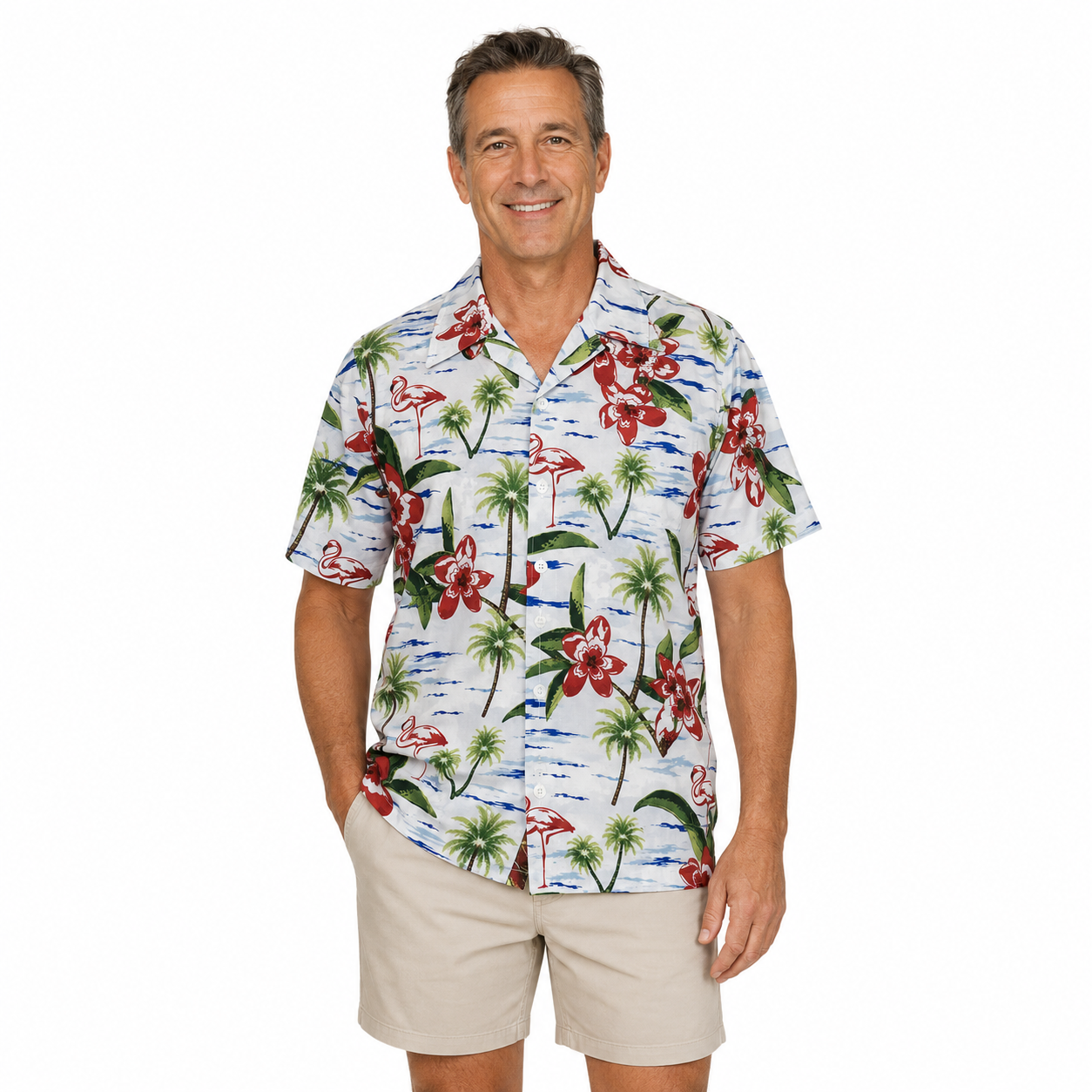 Mens Oahu Hawaiian Party Shirt Button Hippie Tops Short Sleeve Beach Holiday - Beach Flamingo (1428)