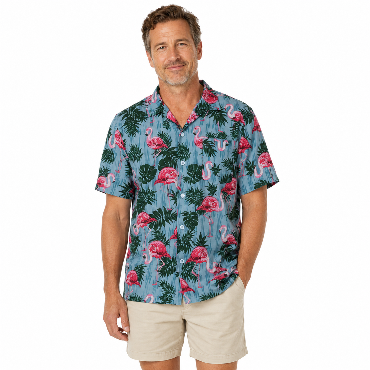 Mens Oahu Hawaiian Party Shirt Button Hippie Tops Short Sleeve Beach Holiday - Flamingo Feeding
