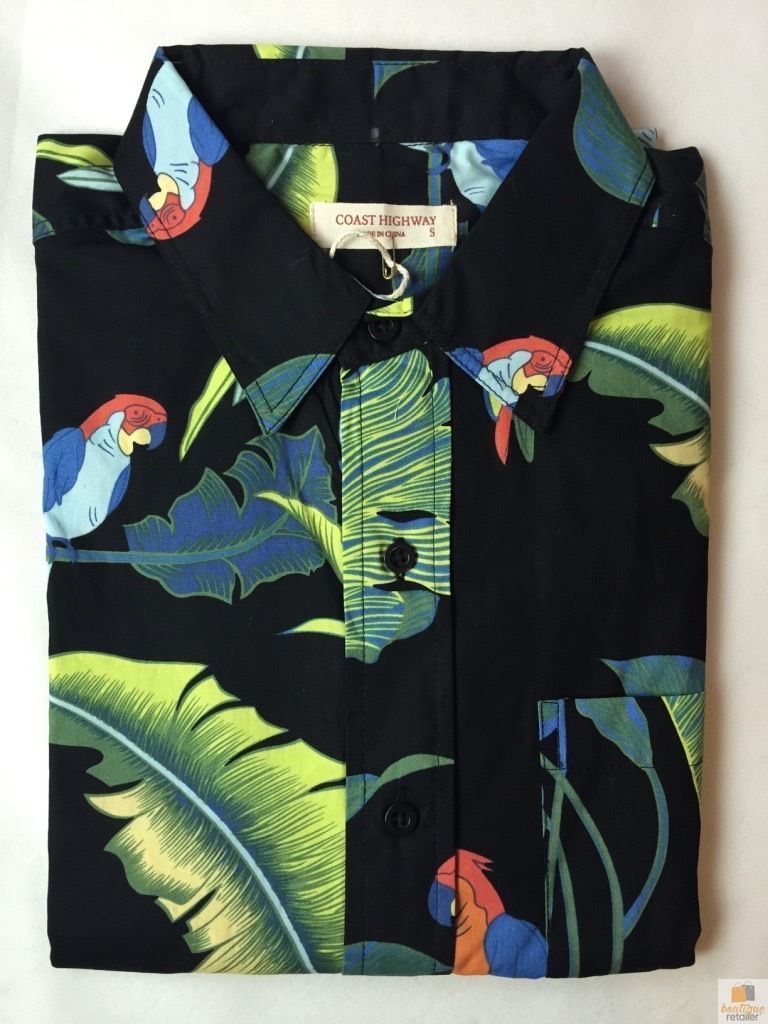 Mens Oahu Hawaiian Party Shirt Button Hippie Tops Short Sleeve Beach Holiday - Parrots On Leaf (0517)
