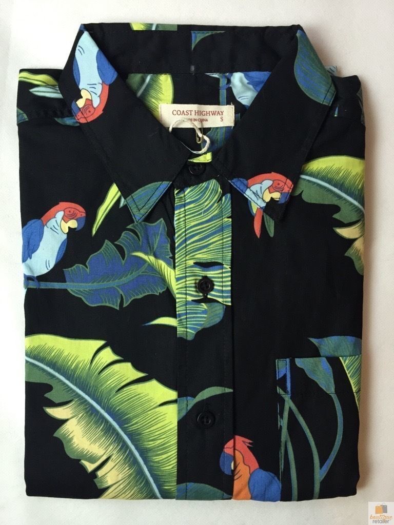 Mens Oahu Hawaiian Party Shirt Button Hippie Tops Short Sleeve Beach Holiday - Parrots On Leaf (0517)