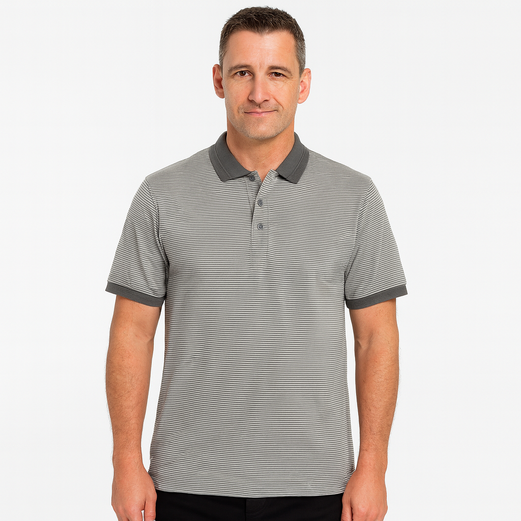 Short Sleeve Polo Shirt Top Short Sleeve Quality Loose Fit Adults Striped - Charcoal/Light Grey - M