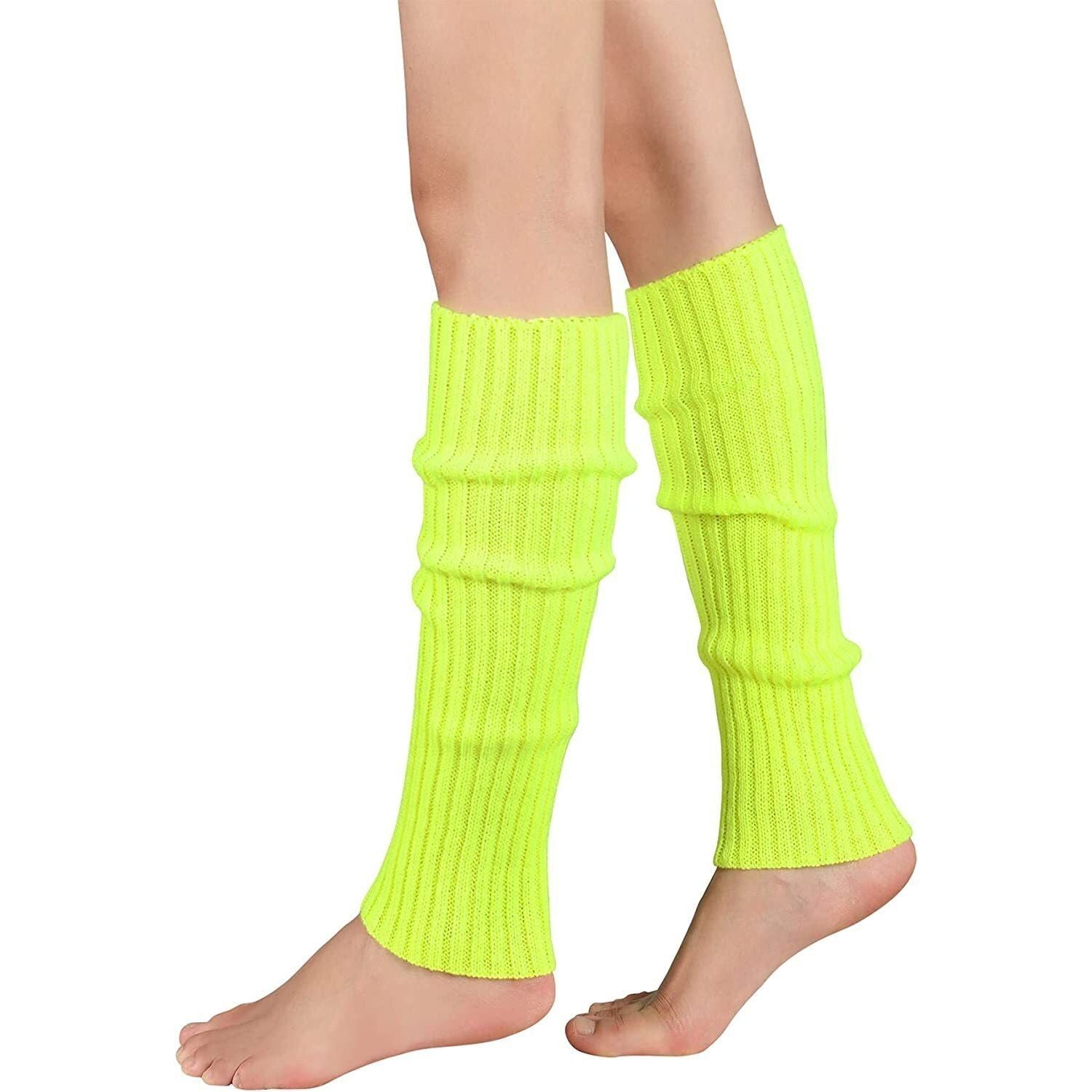 Pair of Womens Leg Warmers Disco Winter Knit Dance Party Crochet Legging Socks Costume - Fluro Yellow